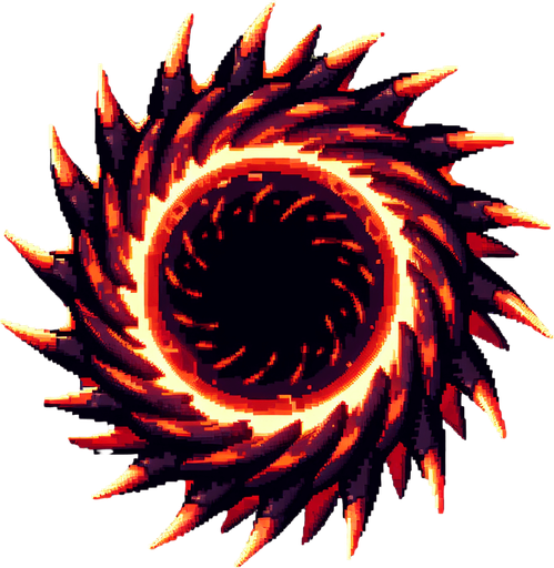 A single spiky rotating obstacle designed in pixel art style. Dark red color with glowing orange edges to create urgency. The obstacle is circular with sharp edges, slightly animated to spin or pulse. Made to look dangerous but simple, ideal for a fast-paced jump-and-dodge arcade game. Transparent background..
Single Game Texture.  In-Game asset.  2d.  Blank background.  High contrast.  No shadows