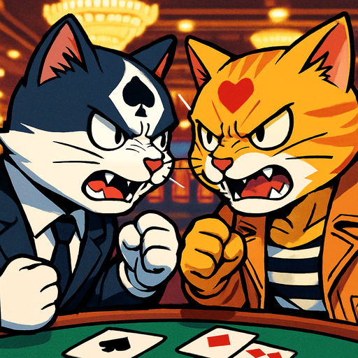 A 2:3 ratio rectangular picture that shows two card playing cats in a casino very close face to face with teeth bared and fists clenched as if they’re about to fight. Each cat has a different card suit pattern on the fur of their forehead. One is wearing a suit and the other is wearing tan leather jacket with a striped tank top underneath. Anime style..
In-Game asset.  2d.  High contrast.  No shadows