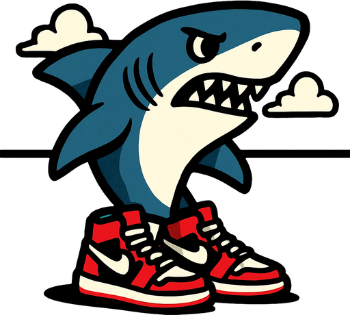 shark with nikes on the beach.
In-Game asset.  2d.  High contrast.  No shadows