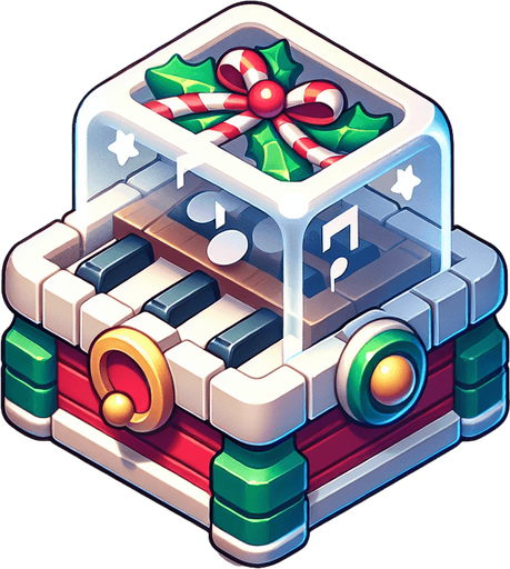 A christmas Music Box . Plastic style Single Game Texture. In-Game asset. 2d. Blank background. High contrast. No shadows.