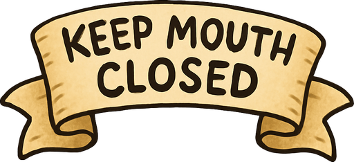 A simple wide hand-drawn symmetrical ribbon banners. The banner text reads “Keep mouth closed” in playful, cartoonish black lettering. The ribbon is warm beige parchment. Each side ends with simple curved, scroll-like ribbon.
Single Game Texture.  In-Game asset.  2d.  Blank background.  High contrast.  No shadows.