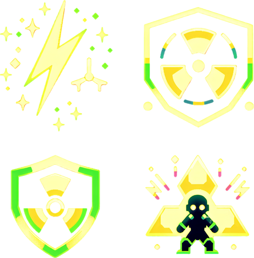A sprite sheet that has power up icons. Icons include lightning bolt, shield, radioactive symbol and a small soldier. Cyberpunk and using neon glow. Green and yellow highlights. 
Single Game Texture. In-Game asset. 2d. Blank background. High contrast. No shadows.