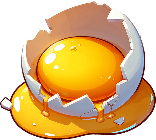 cracked egg white and yolk seeping. Single Game Texture. In-Game asset. 2d. Blank background. High contrast. No shadows.