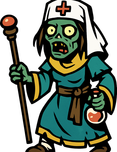 2D. Healer zombie. Like a female zombie in a healer costume..
In-Game asset.  2d.  High contrast.  No shadows