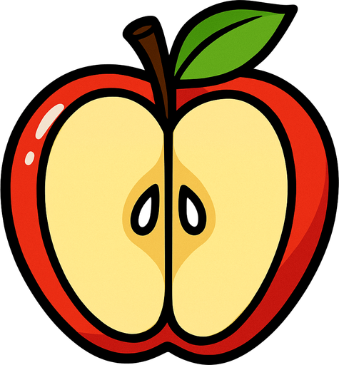 Manzana Fruta cortada a la mitad.
In-Game asset.  2d.  High contrast.  No shadows. Cartoon.