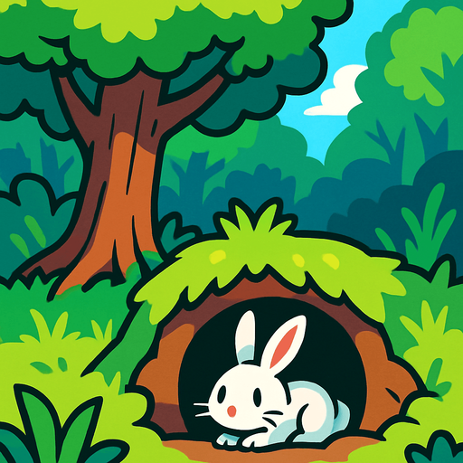 gambar 2d anime kelinci hare menunggu dalam lubang tanah di bawah pohon dalam hutan.
In-Game asset.  2d.  High contrast.  No shadows
