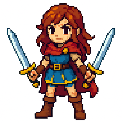 swords girl hero, standing, pixel art, no backgroun.
In-Game asset.  2d.  High contrast.  No shadows