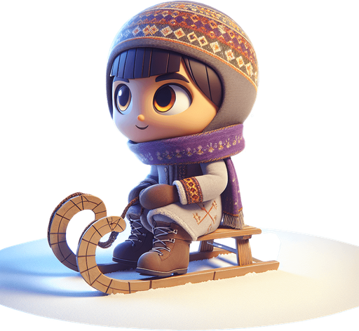 Little girl on a sledge, cartoon, winter, sideview, evil, winter boots Single Game Texture. In-Game asset. 2d. Blank background. High contrast. No shadows.
