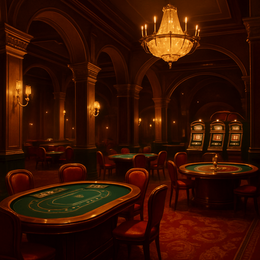 Ambiente: Un interior de casino elegante y nocturno.

Elementos:

Podría mostrar una vista parcial de mesas de juego (Blackjack, ruleta, tragamonedas) en el fondo, desenfocadas para no distraer.

Luces ambientales cálidas y doradas, reflejos sutiles.

Detalles arquitectónicos de lujo: columnas, arcos, lámparas de araña (parcialmente visibles).

Una alfombra lujosa o suelo brillante.

Paleta de Colores: Predominan los dorados, rojos profundos, negros elegantes y toques de verde esmeralda.

Perspectiva: Una vista amplia y acogedora, como si el jugador estuviera entrando al casino.

Sensación: Sofisticación, exclusividad, y la emoción de lo que está por venir. Debe invitar a explorar el juego.

El fondo debe ser inmersivo y coherente con la temática general del casino.
In-Game asset.  2d.  High contrast.  No shadows