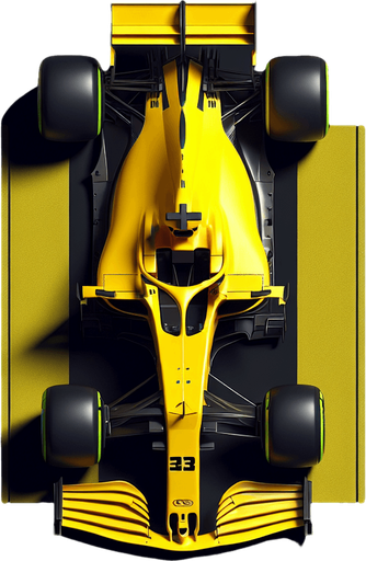 a yellow f1 race car top view.
Single Game Texture. In-Game asset. 2d. Blank background. High contrast. No shadows.