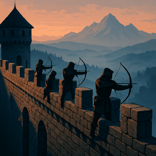 A high medieval castle wall overlooking the land, stone parapets with archers, distant mountains in the fog, early dawn light, realistic.
In-Game asset.  2d.  High contrast.  No shadows