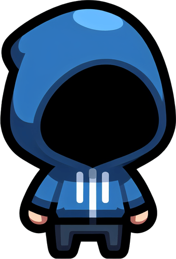 Pessoa pequena de cabelo preto usando capuz azul e calça azul pequena que esconde sua face com o seu capuz.
Single Game Texture. In-Game asset. 2d. Blank background. High contrast. No shadows.