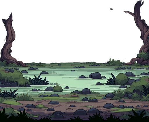 Cartoon tileable swamp background, dark
Single Game Texture. In-Game asset. 2d. Blank background. High contrast. No shadows.