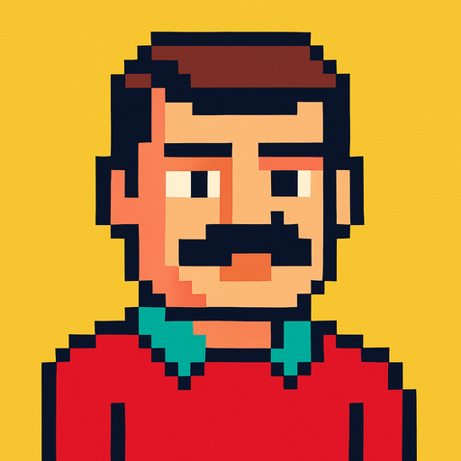 A man with a mustache. In the style of Pixek Art..
In-Game asset.  2d.  High contrast.  No shadows