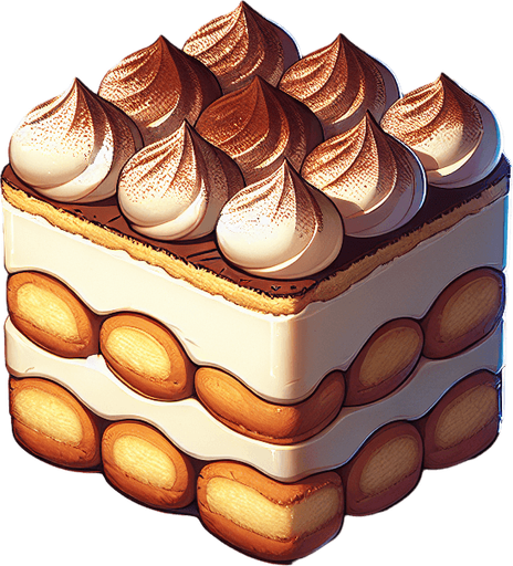 tiramisu.
Single Game Texture. In-Game asset. 2d. Blank background. High contrast. No shadows.