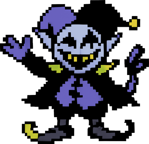 Jevil, un jefe del capitulo 1 de deltarune, es pixleado y el fondo detras de este es color blanco.
In-Game asset.  2d.  High contrast.  No shadows