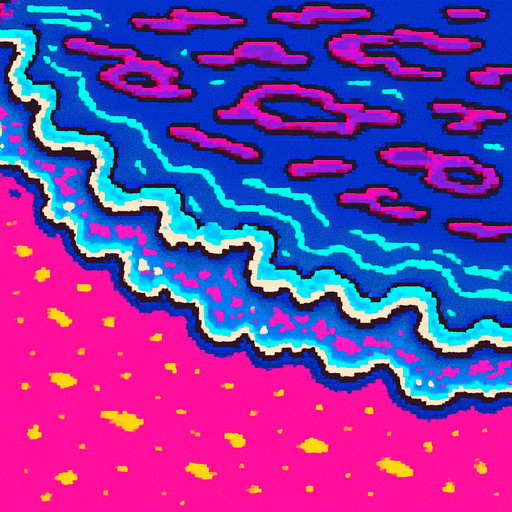 Top down view of a shallow wave water on a beach shore..80s arcade machine graphics. 

In-Game asset.  2d.  High contrast.  No shadows