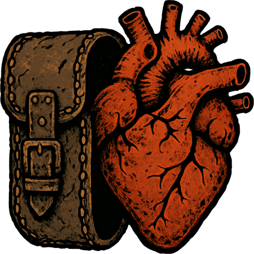 The hearts will be in a slightly old Mad Max style look and half will be inside the leather case.
In-Game asset.  2d.  High contrast.  No shadows