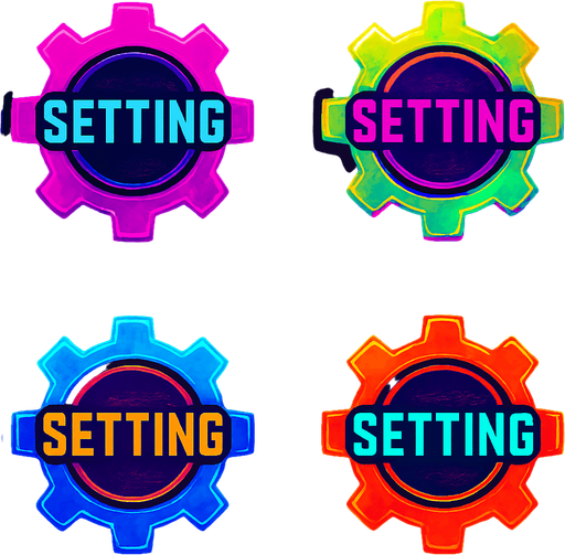 Setting buttons shapes as gears or cogs have text 'Setting'. HD colors. cyberpunk. Abstract. Different colors.
In-Game asset.  2d.  High contrast.  No shadows