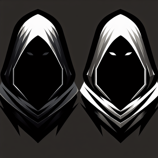 A stylized cloak hood casting a deep shadow, with only faint eyes or nothing visible within. Could also be a figure splitting into a solid version and a shadowy decoy..
Single Game Texture.  In-Game asset.  2d.  Blank background.  High contrast.  No shadows