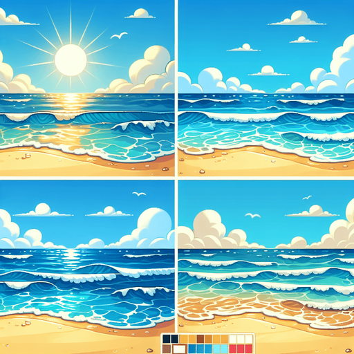 "A bright, cartoon-style beachside sky with soft white clouds, a clear blue ocean, and a sandy shore in the background. The colors should be vibrant and cheerful, with a summer vibe.".
Single Game Texture.  In-Game asset.  2d.  Blank background.  High contrast.  No shadows