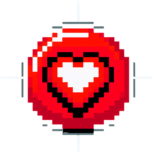 red pixel circle with black background and hearth on middle.
Single Game Texture. In-Game asset. 2d. Blank background. High contrast. No shadows.