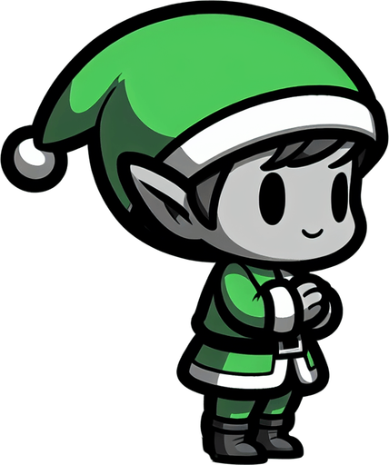 Profil view of a cute little elf with a green hat, standing with his hands in front of him.no background . no floor. In-Game asset. 2d. Blank background. High contrast. No shadows.