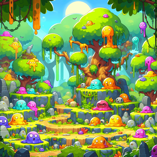 Fullscreen medieval landscape banner, 16:9, high definition, for a game titled "Slime Bestiary". Medieval forest with multiple colored slimes. No text on banner!