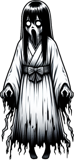 Ghost girl, scary, horror movie, full body, Japanese ghost, 
Single Game Texture. In-Game asset. 2d. Blank background. High contrast. No shadows.