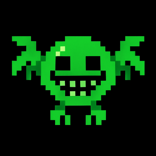 a pixelart flying space enemy. Green color, scary smiley face.
In-Game asset.  2d.  High contrast.  No shadows