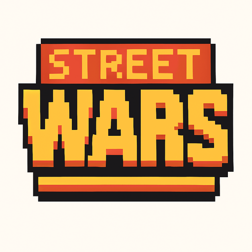 this is the street wars article in the main menu but pixel art style . No background. Transparent background. Blank background. No shadows. 2d. In-Game asset. flat