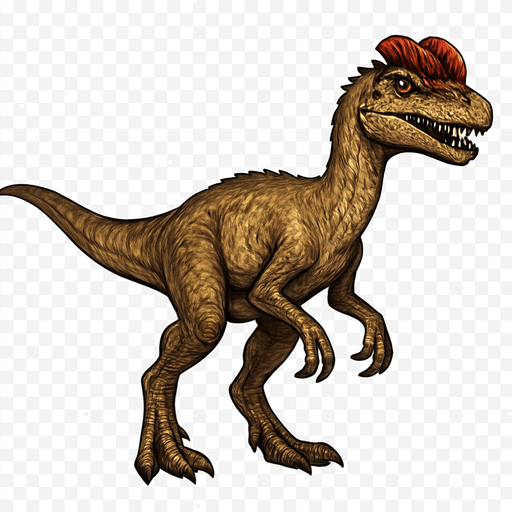 A medium-sized Dilophosaurus dinosaur in a standing pose on a transparent background. It has a slender body with light brown and tan scales, featuring distinctive paired crests on top of its head colored in reddish hues. The head is elongated with sharp teeth visible in a slightly open mouth. Its limbs are muscular with sharp claws, and the tail is long and straight. The skin texture shows a mix of small scales and patches of rougher skin, giving a realistic predatory look..
In-Game asset.  2d.  High contrast.  No shadows