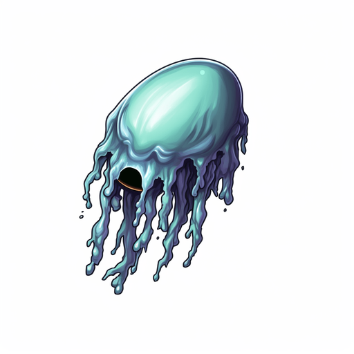 Single enemy slime bullet flying downwards.
Game Texture. In-Game asset. 2d. Pixelart. White background. Blank background. Low detail. High contrast.