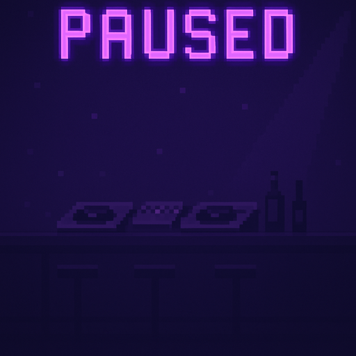 A minimalist pixel art "Paused" menu screen in vertical format (2048x2732), with a retro DJ/bar theme. At the top center, the word "PAUSED" in large, glowing purple pixel letters. The rest of the screen should be clean and dark, with subtle lighting or atmospheric effects suggesting a nightclub or DJ booth. Leave the central and lower space empty for placing UI buttons (Resume, Restart, Settings, Main Menu). Smooth, moody pixel background, matching a futuristic arcade vibe..
In-Game asset.  2d.  High contrast.  No shadows