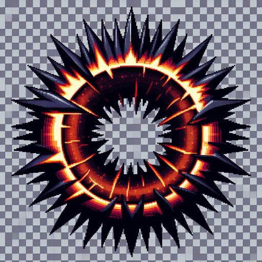 A single spiky rotating obstacle designed in pixel art style. Dark red color with glowing orange edges to create urgency. The obstacle is circular with sharp edges, slightly animated to spin or pulse. Made to look dangerous but simple, ideal for a fast-paced jump-and-dodge arcade game. Transparent background..
Single Game Texture.  In-Game asset.  2d.  Blank background.  High contrast.  No shadows