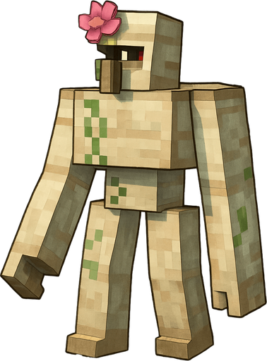 Minecraft iron golem facing left with a pink flower on his forehead. Full body.
2d. Cool.