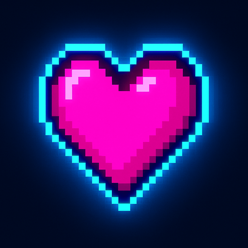 Neon pink heart. Pixel art style. Slight neon blue outer glow.
In-Game asset.  2d.  High contrast.  No shadows