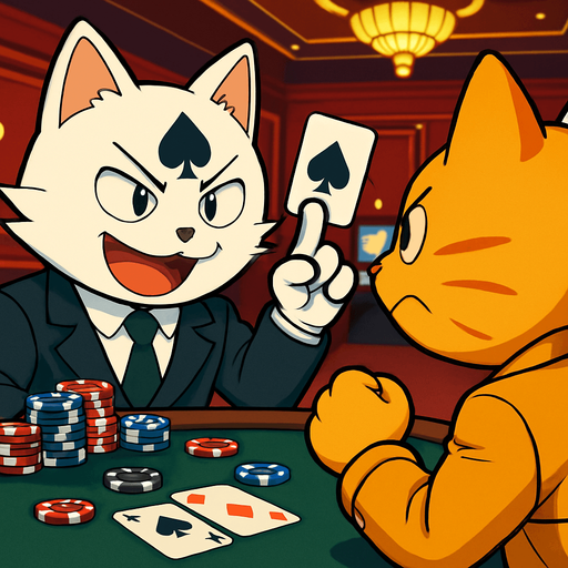 16:9 App Store banner with these two cats playing cards across the table from each other.  View is over the left shoulder of the orange cat towards the white cat, who is holding a card in the air with two fingers and looking triumphant. Poker chips are scattered across the table.