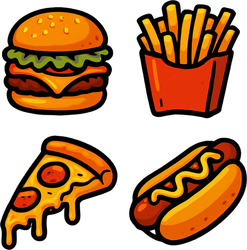 an image for each cell that is food theme based and fat and greasy and fast food.
In-Game asset.  2d.  High contrast.  No shadows