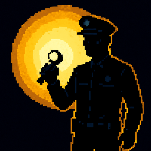 Guardia completamente negro con linterna iluminando con un circulo de aura pixelart.
In-Game asset.  2d.  High contrast.  No shadows
