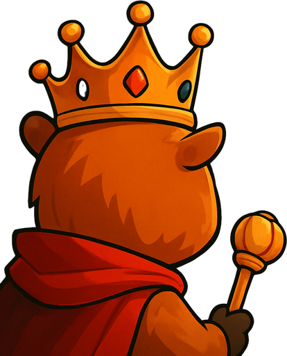 El rey ve al fondo del bosque a los capybaras negros. El esta de espaldas y a su lado sale un signo de exclamacion.