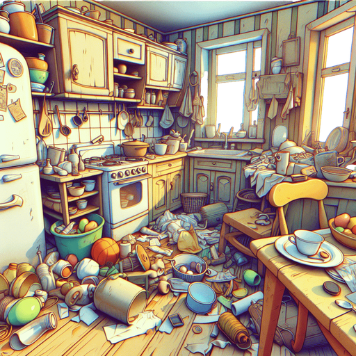 dağınık bir mutfak, odanın içinden görünüm. 3d renkli anime, çizgi film