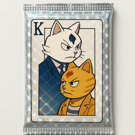 A booster pack of collectible cards in the plastic packaging. On the package is a picture of these two cats as if they are the King on a card in a deck of regular playing cards. The white one is on top facing left and the bottom one is the mirror facing right, side profile, just like a king on a regular playing card. There is a K in the top left corner to mark the King, but no suit. There are no other words on the pack. The plastic of the pack is all diamond and sparkling.