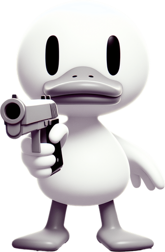 Белая мультяшная утка держит ружье и направляет в экран..
Single Game Texture. In-Game asset. 2d. Blank background. High contrast. No shadows.