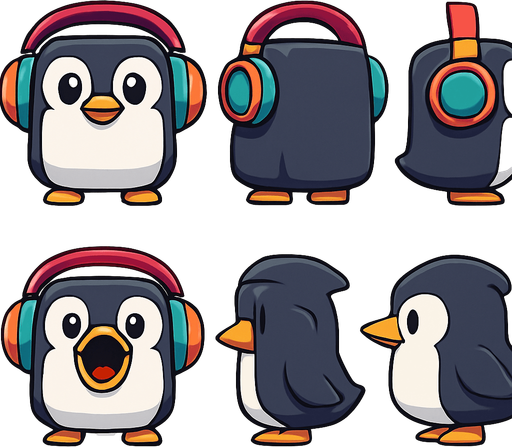 Create a character sprite sheet for a 2D mobile game. The subject is a cubical cute, chubby penguin character with large, expressive eyes, wearing oversized, colorful headphones. The art style should be clean vector art with bold outlines and simple, vibrant cel shading. The sheet must be on a plain white background with each sprite clearly separated. Include the following 6 full-body sprites in an orthographic, non-perspective view:
Idle stance, facing front.
Idle stance, facing back.
Idle stance, left side view. Idle stance, right side view.
Mouth wide open (as if eating), facing front.
Mouth wide open, left side view.