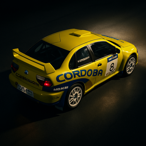 Photorealistic Seat Cordoba Rallycar in nightlight, drone topview from back and 45 degrees angle in top right corner