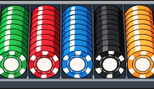 A long rack of different colored poker chips seen from above. Anime style..
In-Game asset.  2d.  High contrast.  No shadows