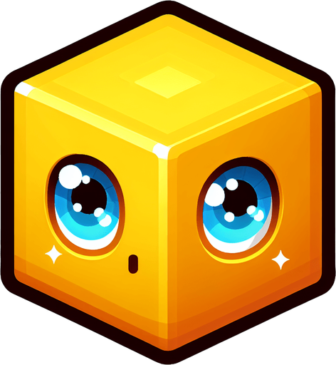 yellow cube with blue eyes.
Single Game Texture. In-Game asset. 2d. Blank background. High contrast. No shadows.