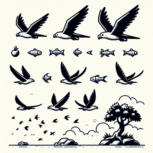 it could imagine flying high in the sky, touching the sea, catching fish, eating fruit, and flying with a flock..
Single Game Texture. In-Game asset. 2d. Blank background. High contrast. No shadows.
