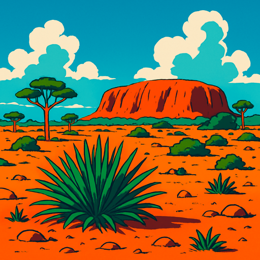 australia desert ghibli style
In-Game asset.  2d.  High contrast.  No shadows